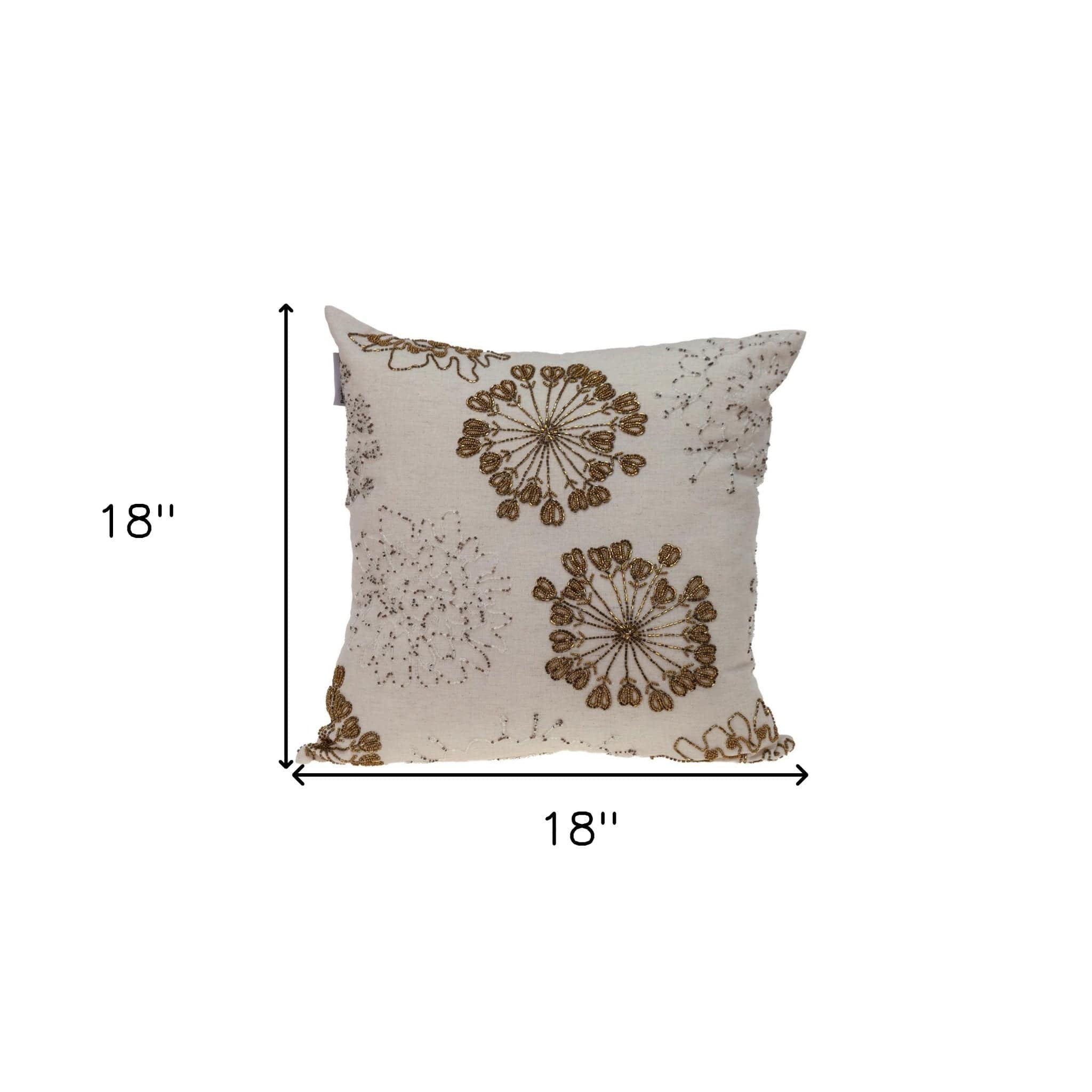 Natural and Golden Metallic Beaded Decorative Throw Pillow - Homeroots