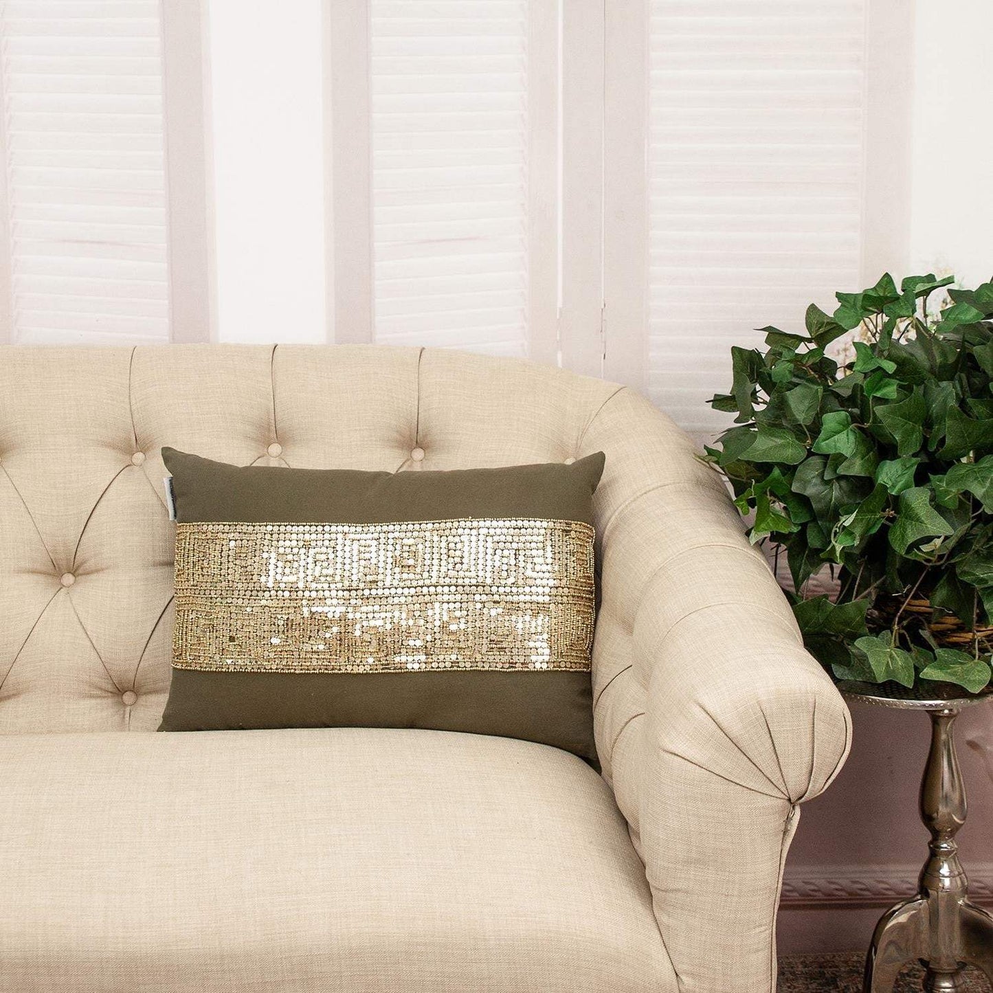 Glam Olive with Gold Sequins Lumbar Throw Pillow - Homeroots - Flyclothing LLC
