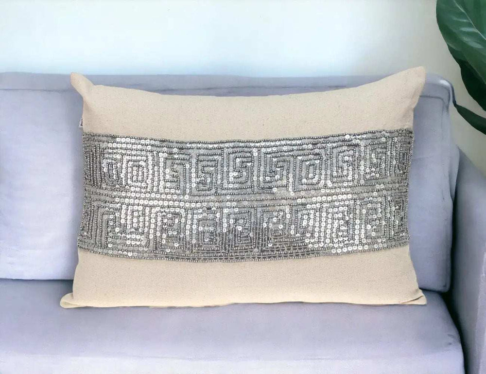 Glam Beige with Silver Sequins Lumbar Throw Pillow - Homeroots - Flyclothing LLC