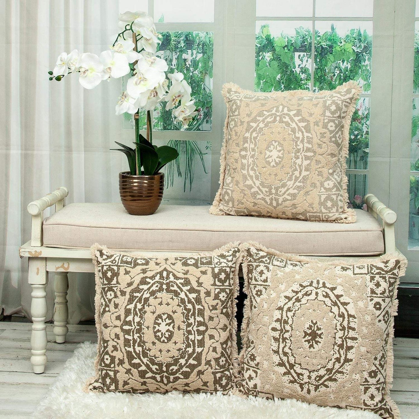 Boho Garland Beige and Brown Decorative Accent Pillow - Homeroots - Flyclothing LLC