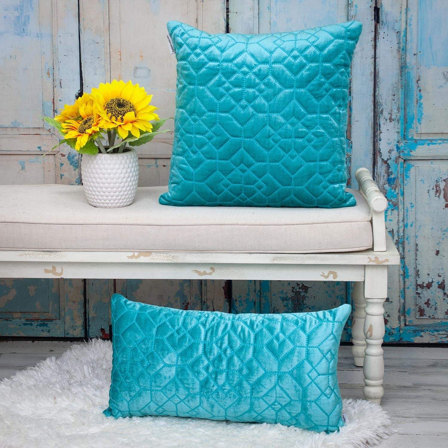 Aqua Quilted Velvet Geo Decorative Throw Pillow - Homeroots - Flyclothing LLC