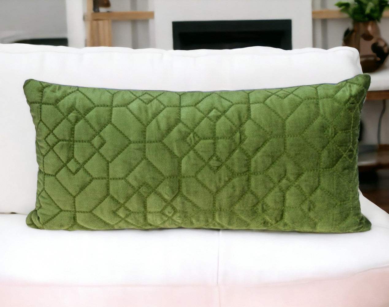 Olive Quilted Velvet Geo Lumbar Decorative Pillow - Homeroots - Flyclothing LLC