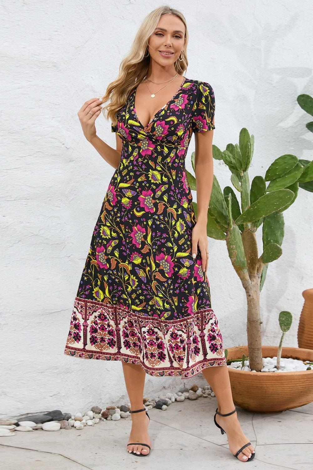 Printed Surplice Short Sleeve Dress - Trendsi