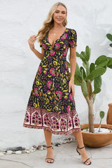 Printed Surplice Short Sleeve Dress - Trendsi