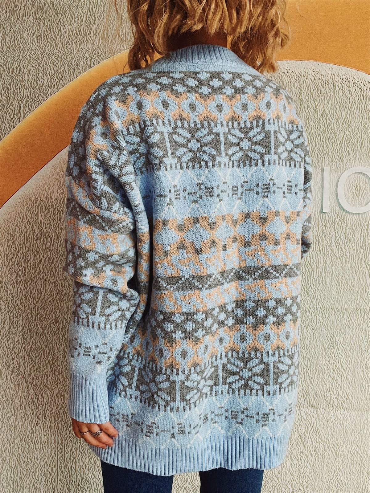 Geometric Round Neck Dropped Shoulder Sweater - Trendsi - Flyclothing LLC
