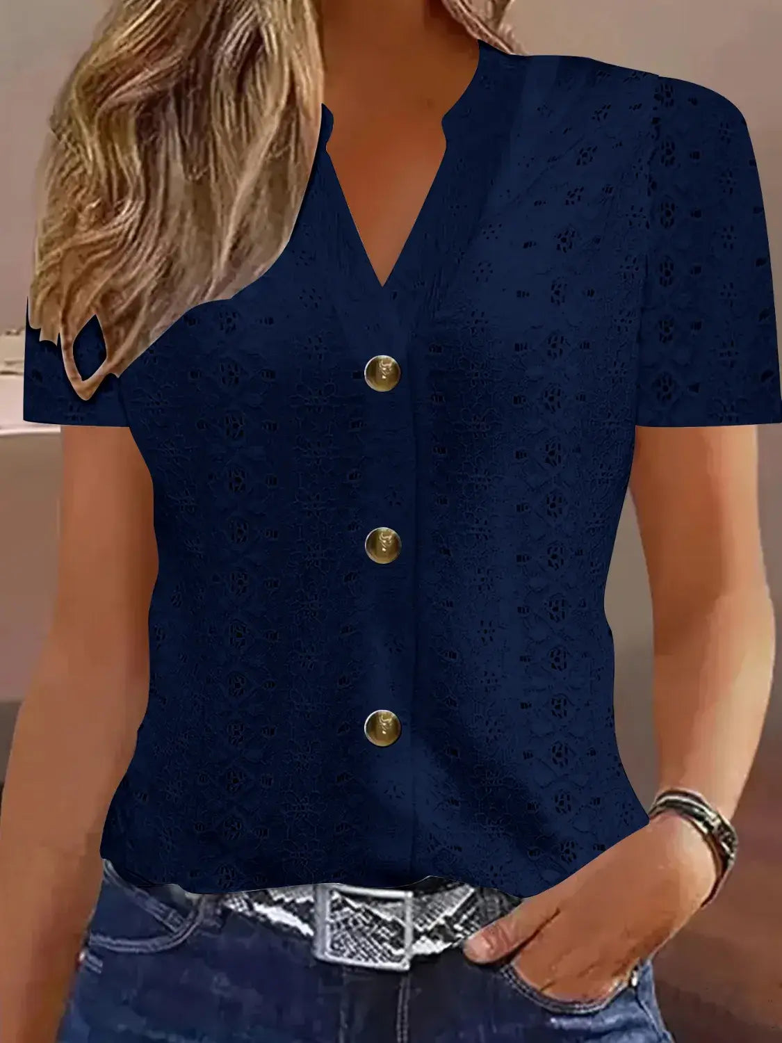 Openwork Notched Short Sleeve Top - Trendsi - Flyclothing LLC