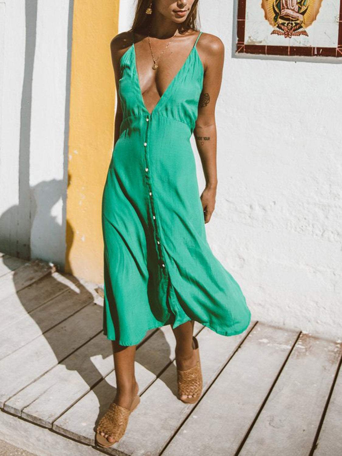 Buttoned Plunge Midi Cami Dress - Trendsi - Flyclothing LLC