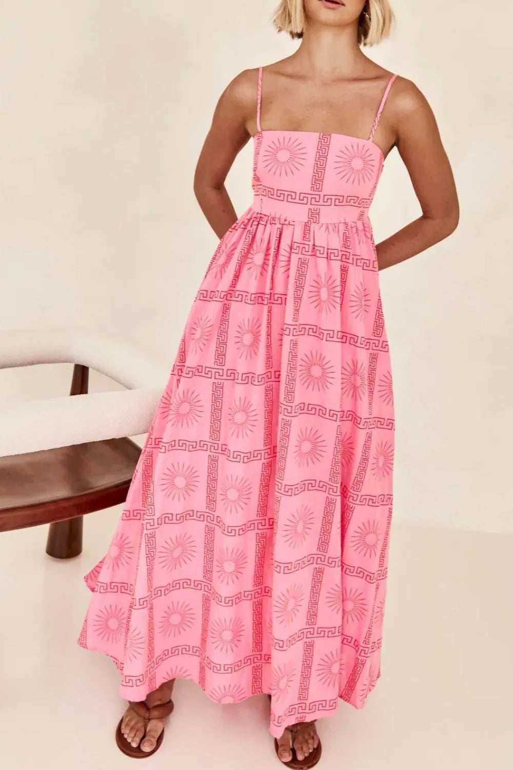 Cutout Back Printed Square Neck Maxi Cami Dress - Trendsi - Flyclothing LLC