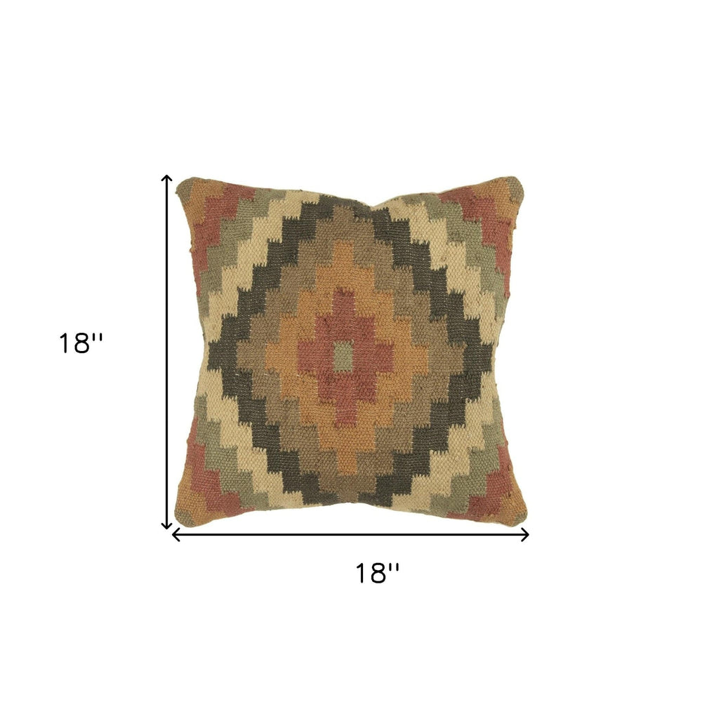 18" Brown and Green Geometric Jute Wool Blend Throw Pillow - Homeroots - Flyclothing LLC