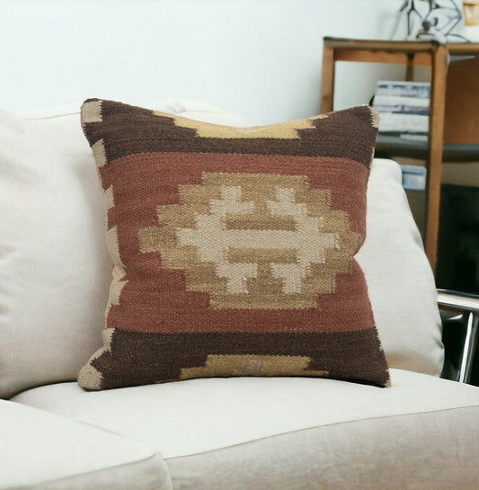 18" Brown and Beige Geometric Jute Wool Blend Throw Pillow - Homeroots