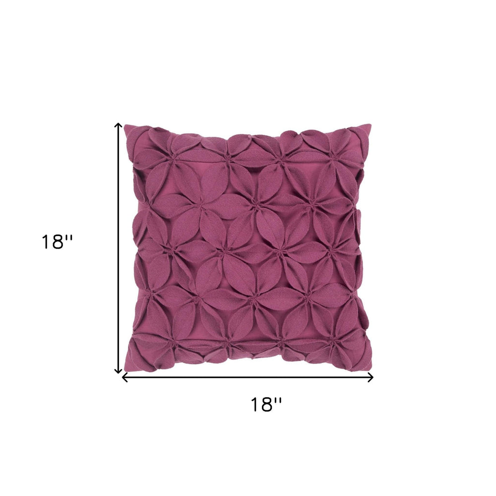 18" Magenta Floral Wool Blend Throw Pillow With Applique - Homeroots - Flyclothing LLC