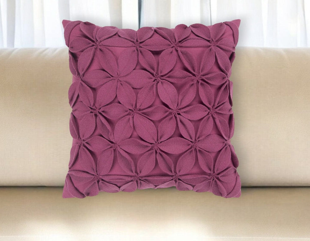 18" Magenta Floral Wool Blend Throw Pillow With Applique - Homeroots - Flyclothing LLC