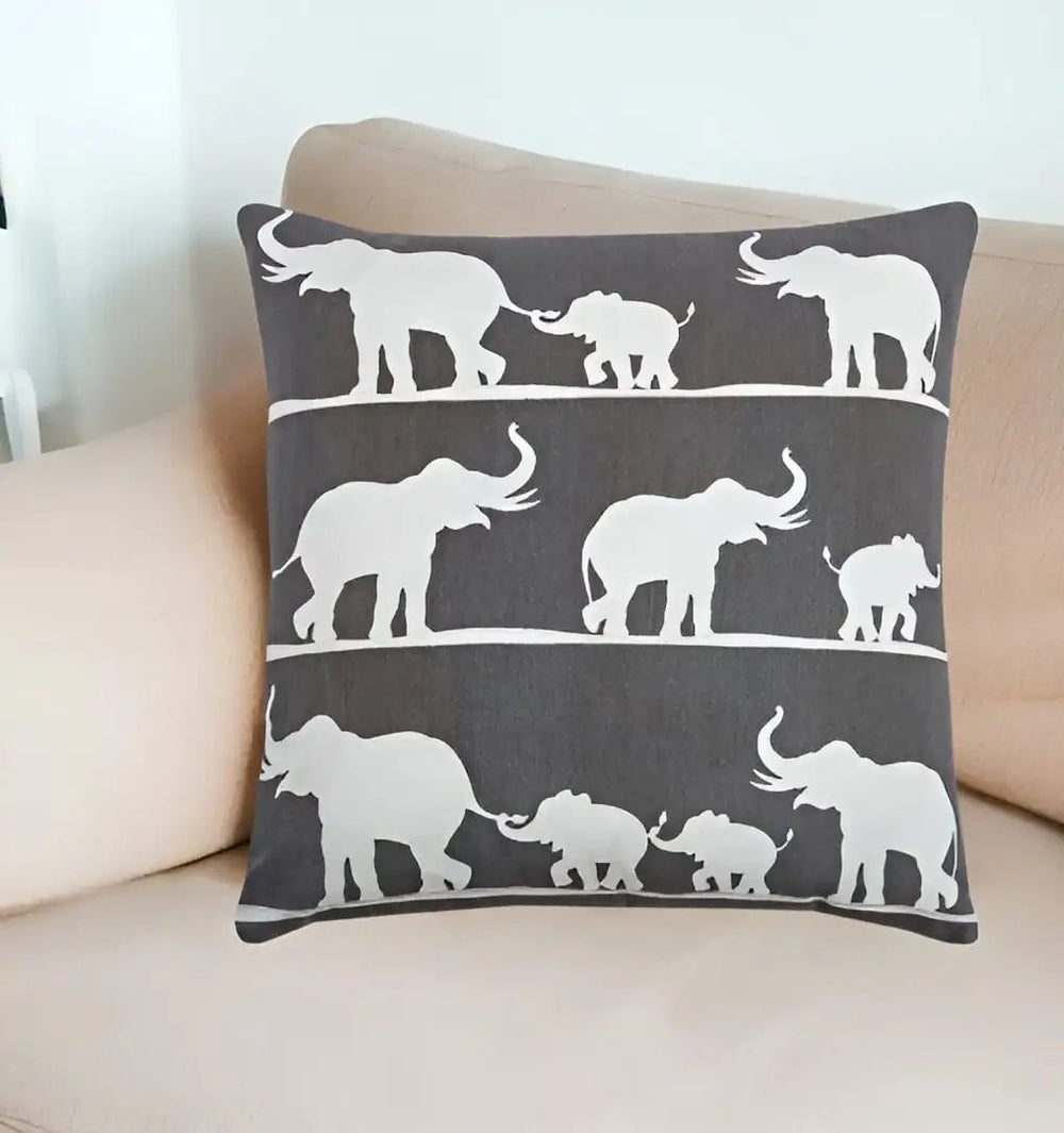 20" Gray and White Elephant Cotton Throw Pillow - Homeroots - Flyclothing LLC