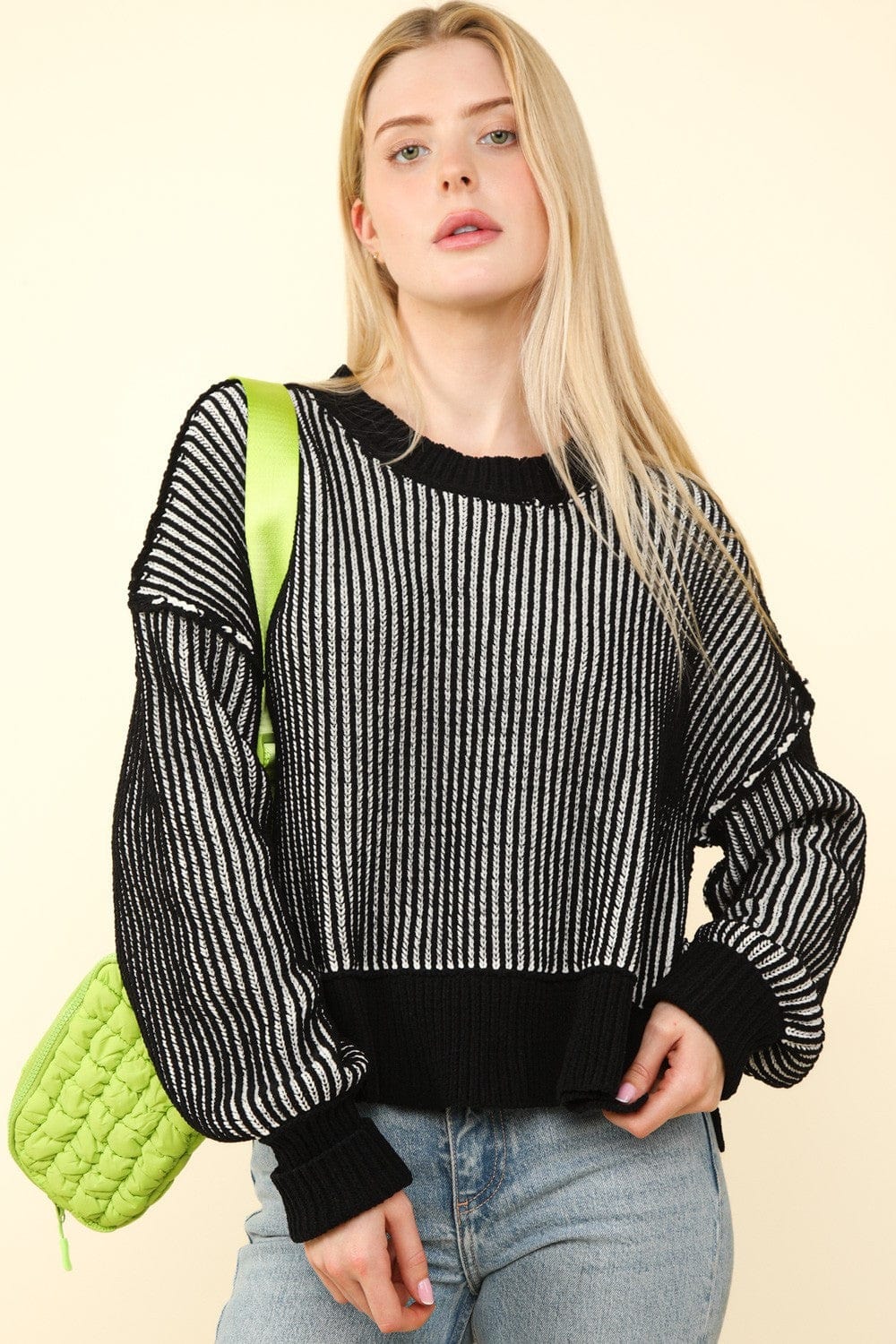 VERY J Exposed Seam Cropped Striped Slit Sweater - Trendsi