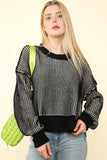 VERY J Exposed Seam Cropped Striped Slit Sweater - Trendsi