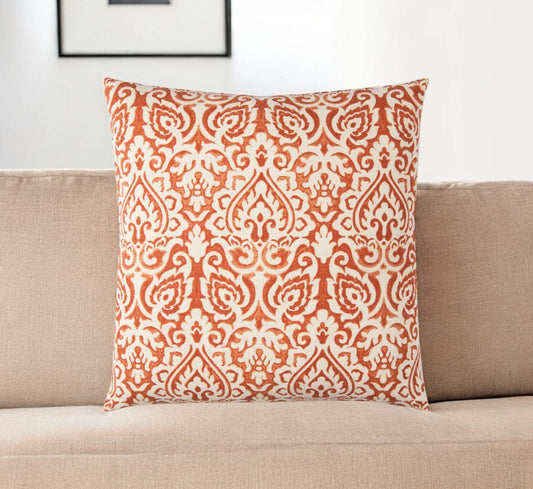 22" Orange and White Damask Cotton Throw Pillow - Homeroots