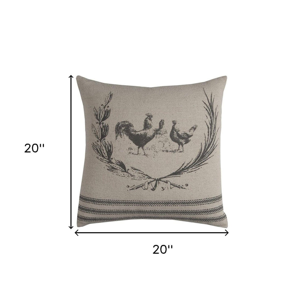 20" Natural and Gray Rooster Cotton Throw Pillow - Homeroots - Flyclothing LLC