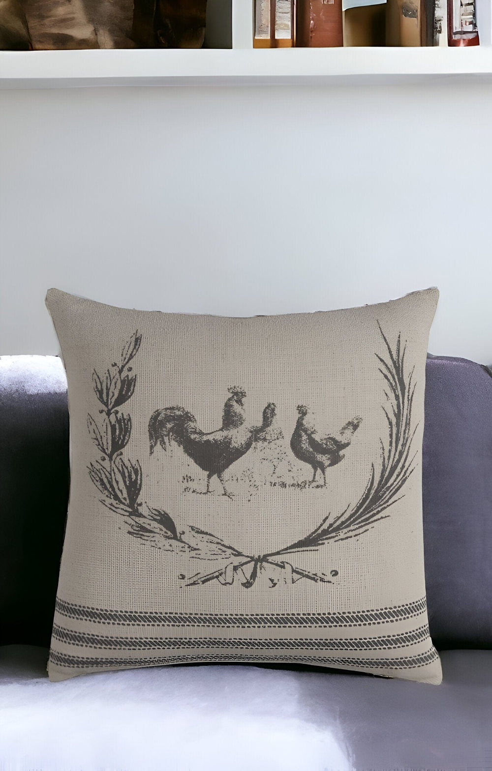 20" Natural and Gray Rooster Cotton Throw Pillow - Homeroots