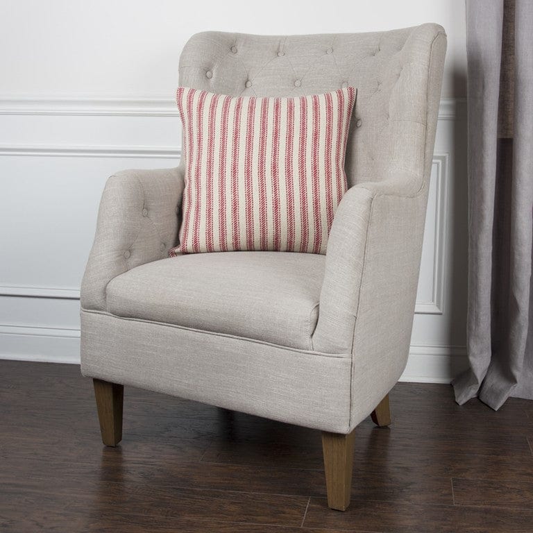 20" Red and Natural Ticking Stripe Cotton Throw Pillow - Homeroots