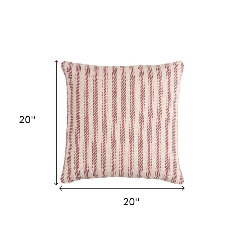 20" Red and Natural Ticking Stripe Cotton Throw Pillow - Homeroots - Flyclothing LLC