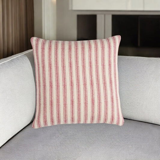 20" Red and Natural Ticking Stripe Cotton Throw Pillow - Homeroots