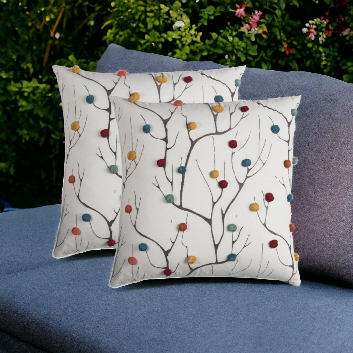 Set of Two 20" X 20" Brown Indoor Outdoor Throw Pillow Cover & Insert with Pom Poms - Homeroots - Flyclothing LLC