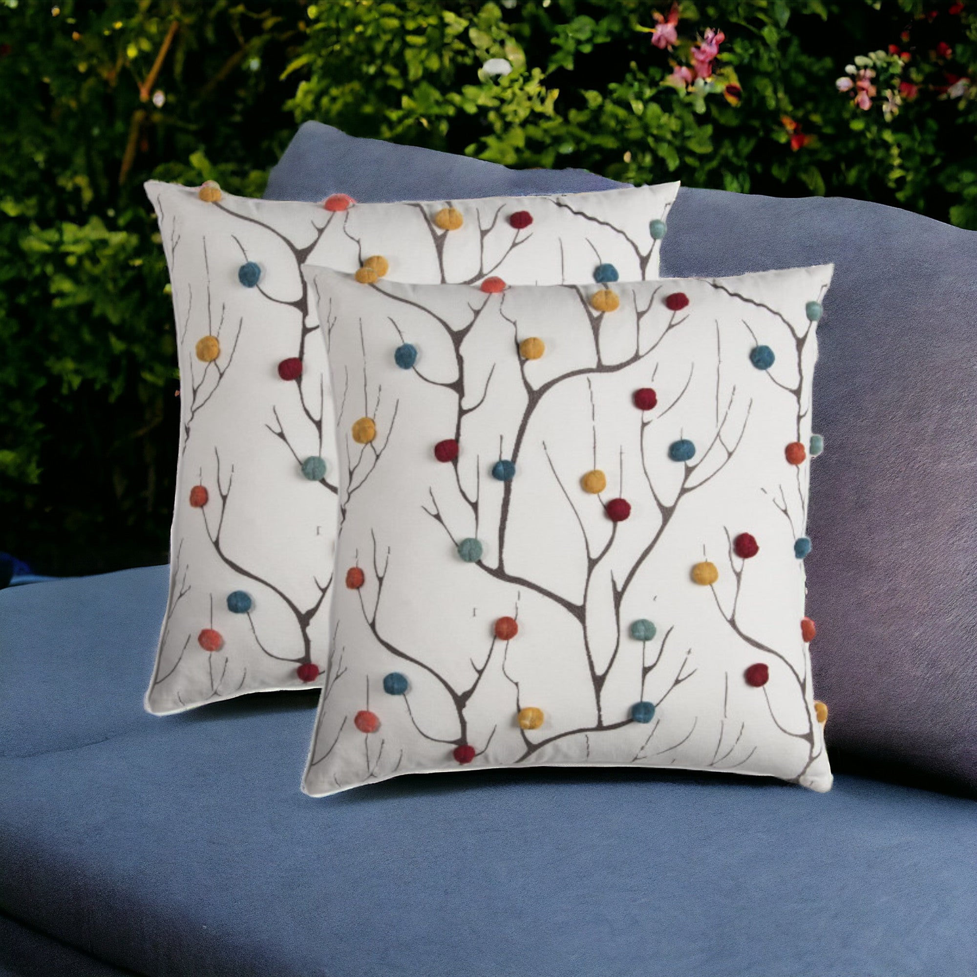Set of Two 20" X 20" Brown Indoor Outdoor Throw Pillow Cover & Insert with Pom Poms - Homeroots - Flyclothing LLC