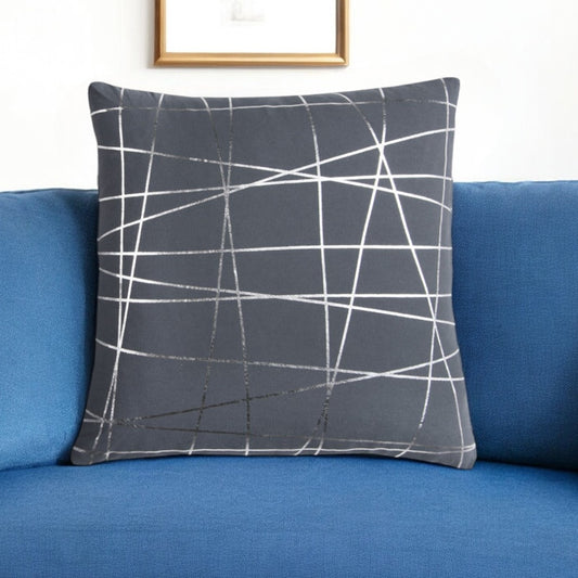 20" Gray and Silver Abstract Linework Cotton Throw Pillow