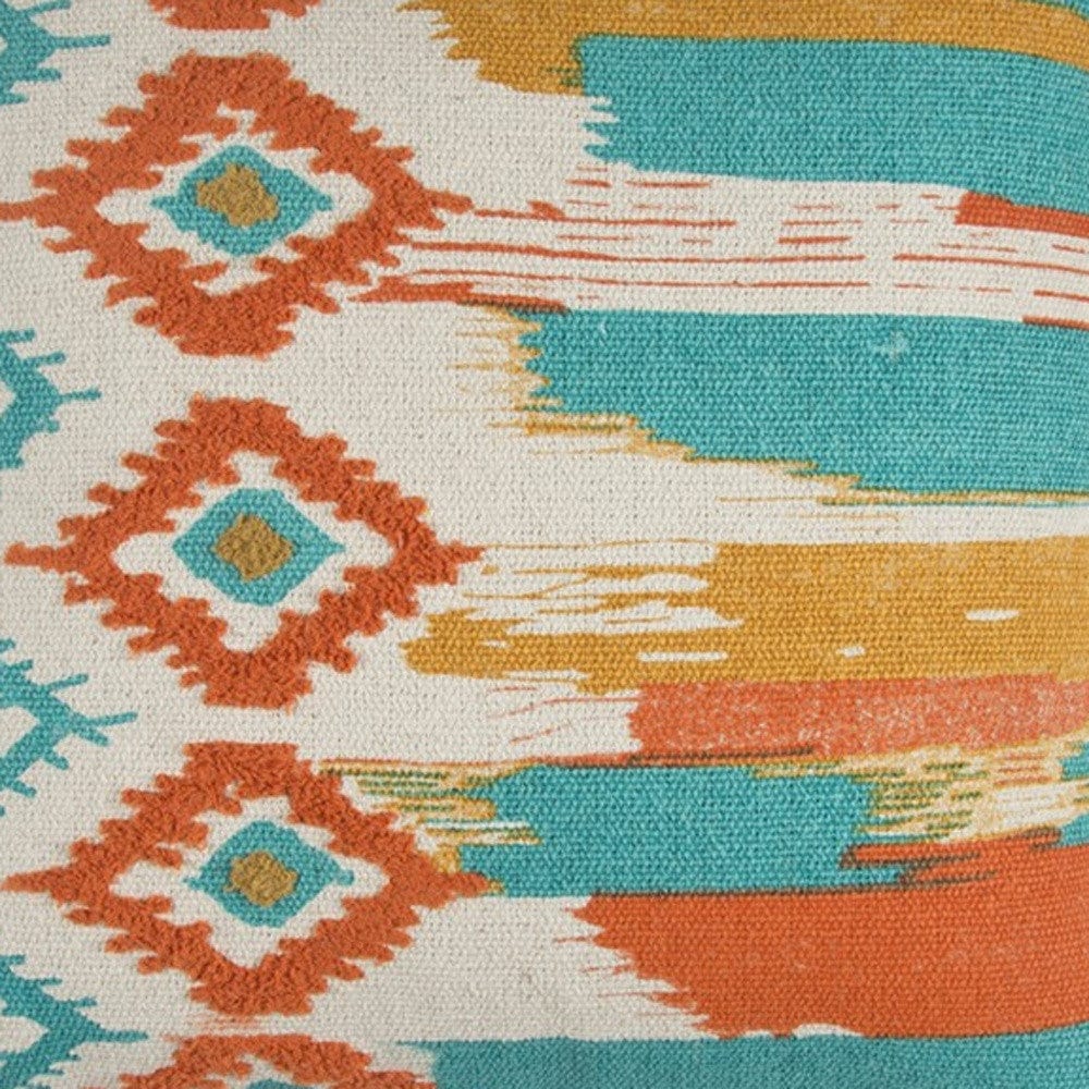 20" X 20" Ivory Blue and Orange Ikat Cotton Zippered Pillow With Embroidery - Homeroots