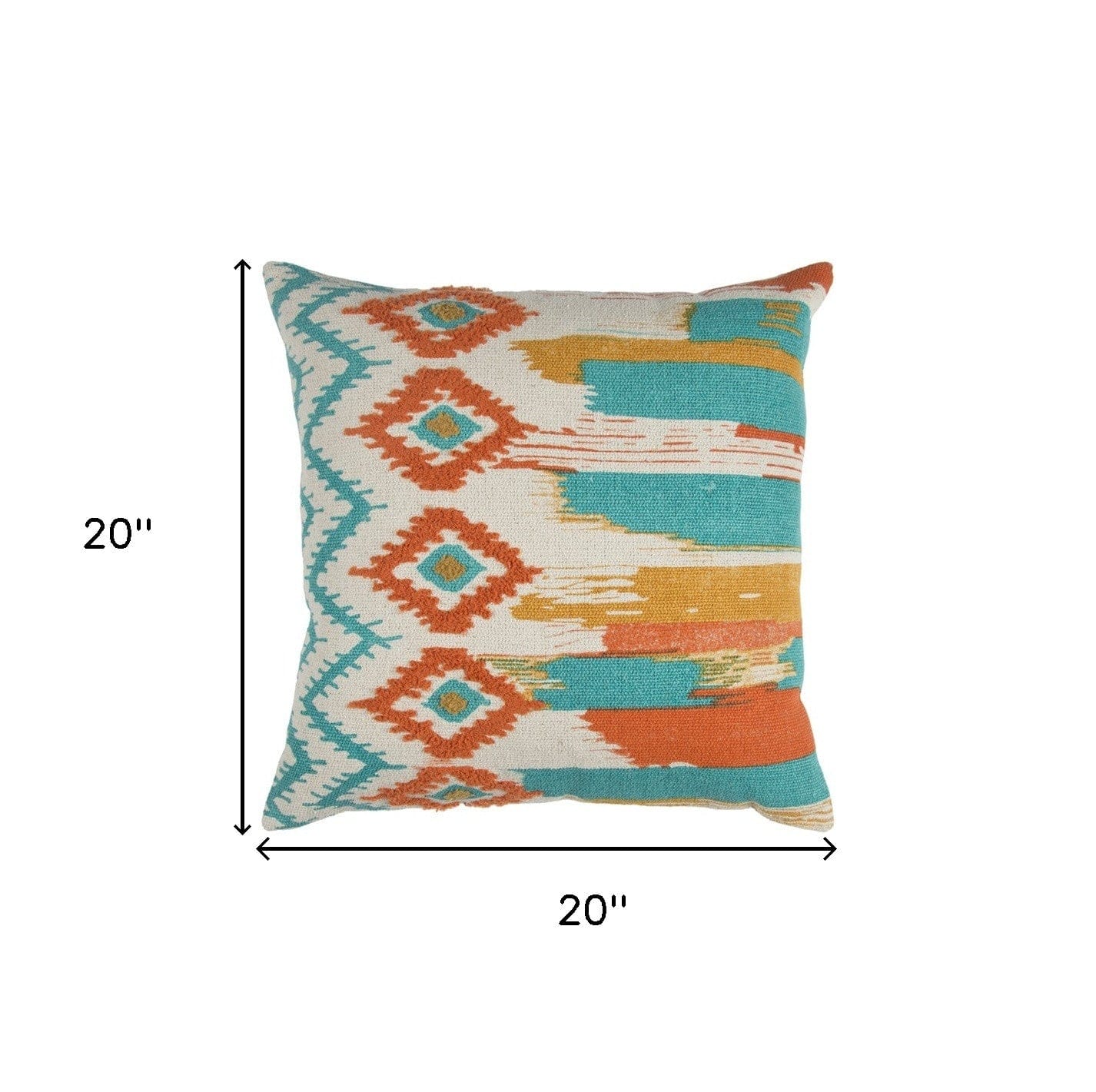 20" X 20" Ivory Blue and Orange Ikat Cotton Zippered Pillow With Embroidery - Homeroots