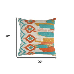 20" X 20" Ivory Blue and Orange Ikat Cotton Zippered Pillow With Embroidery - Homeroots
