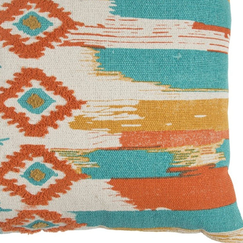 20" X 20" Ivory Blue and Orange Ikat Cotton Zippered Pillow With Embroidery - Homeroots - Flyclothing LLC