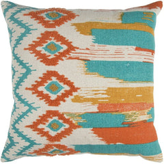 20" X 20" Ivory Blue and Orange Ikat Cotton Zippered Pillow With Embroidery - Homeroots