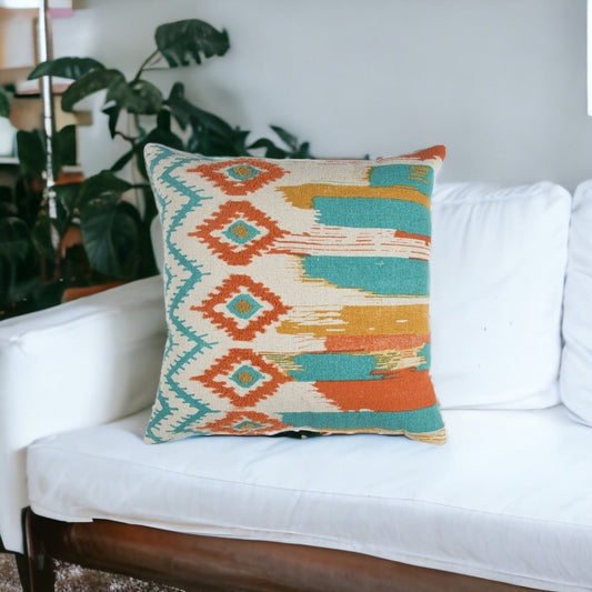 20" X 20" Ivory Blue and Orange Ikat Cotton Zippered Pillow With Embroidery - Homeroots