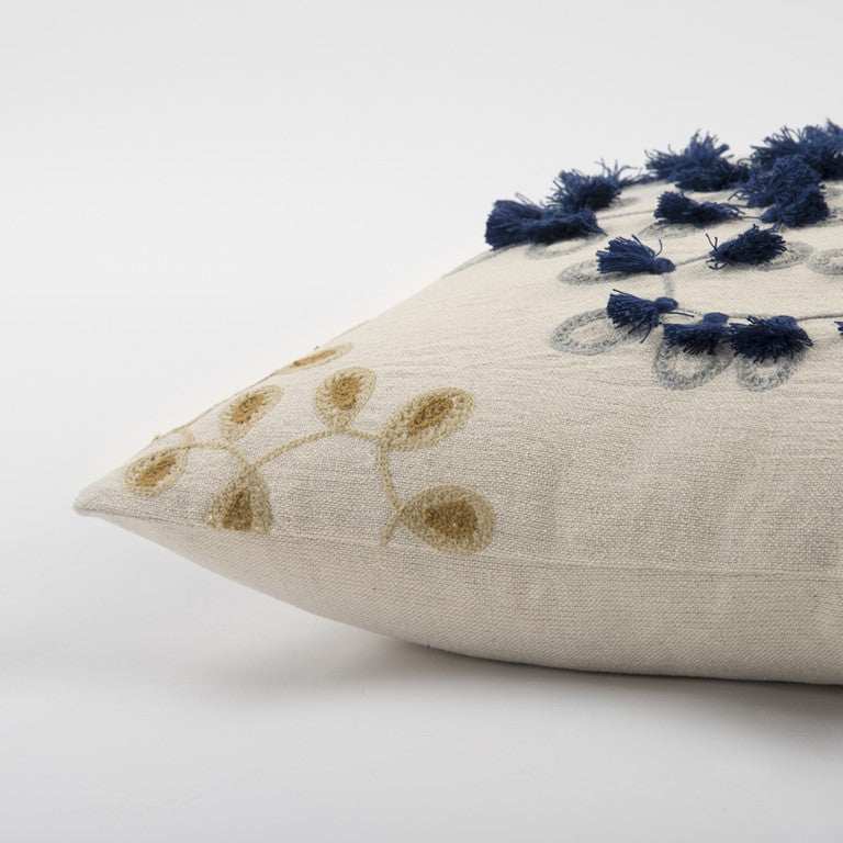 Ivory Navy Embroidered Tassel Throw Pillow - Homeroots - Flyclothing LLC
