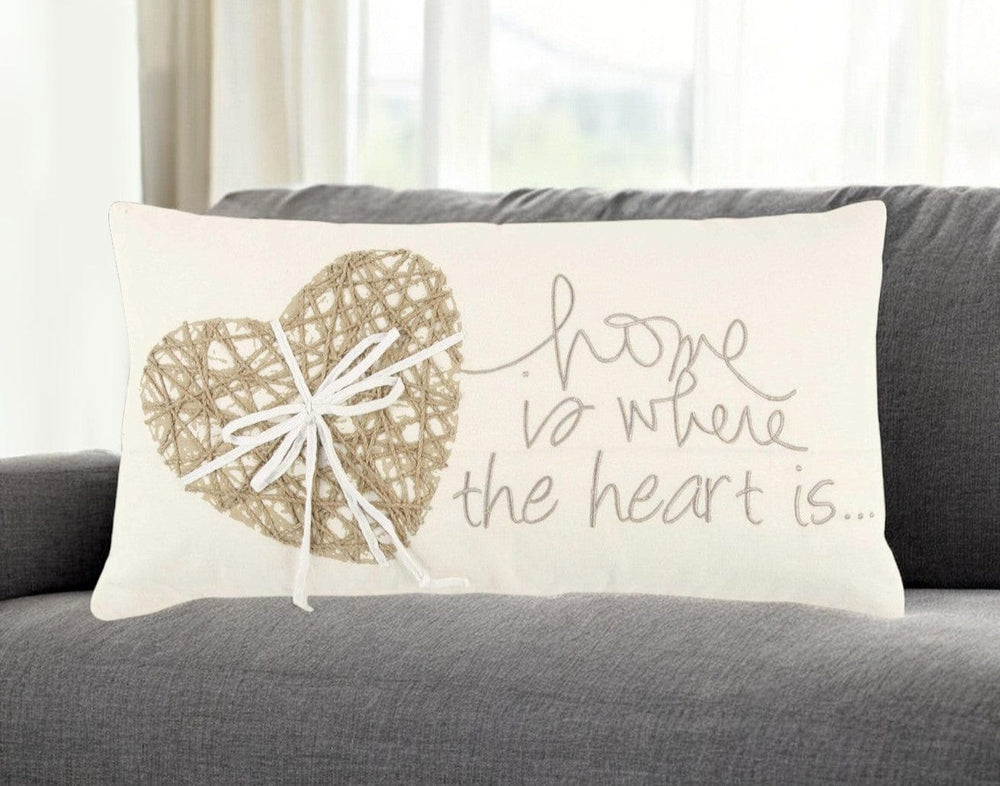 11" X 21" Ivory Home is Where the Heart Is Throw Pillow With Embroidery - Homeroots