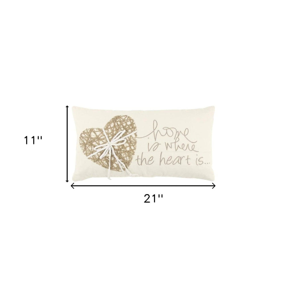11" X 21" Ivory Home is Where the Heart Is Throw Pillow With Embroidery - Homeroots - Flyclothing LLC