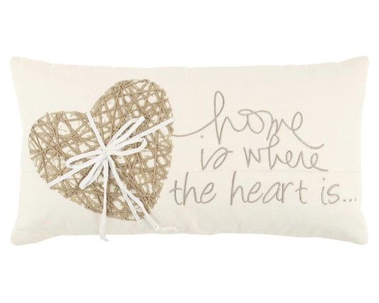11" X 21" Ivory Home is Where the Heart Is Throw Pillow With Embroidery - Homeroots