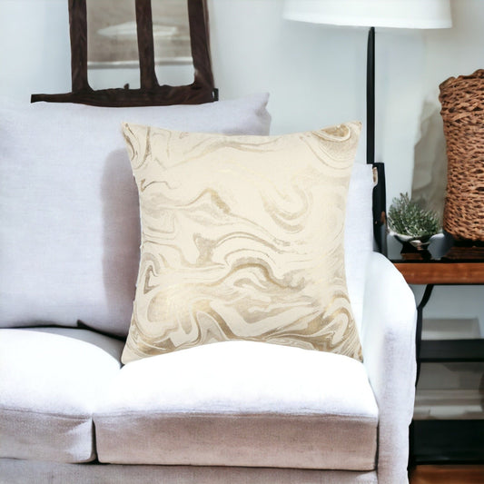 20" X 20" Gold and Ivory Swirl Cotton Zippered Pillow - Homeroots