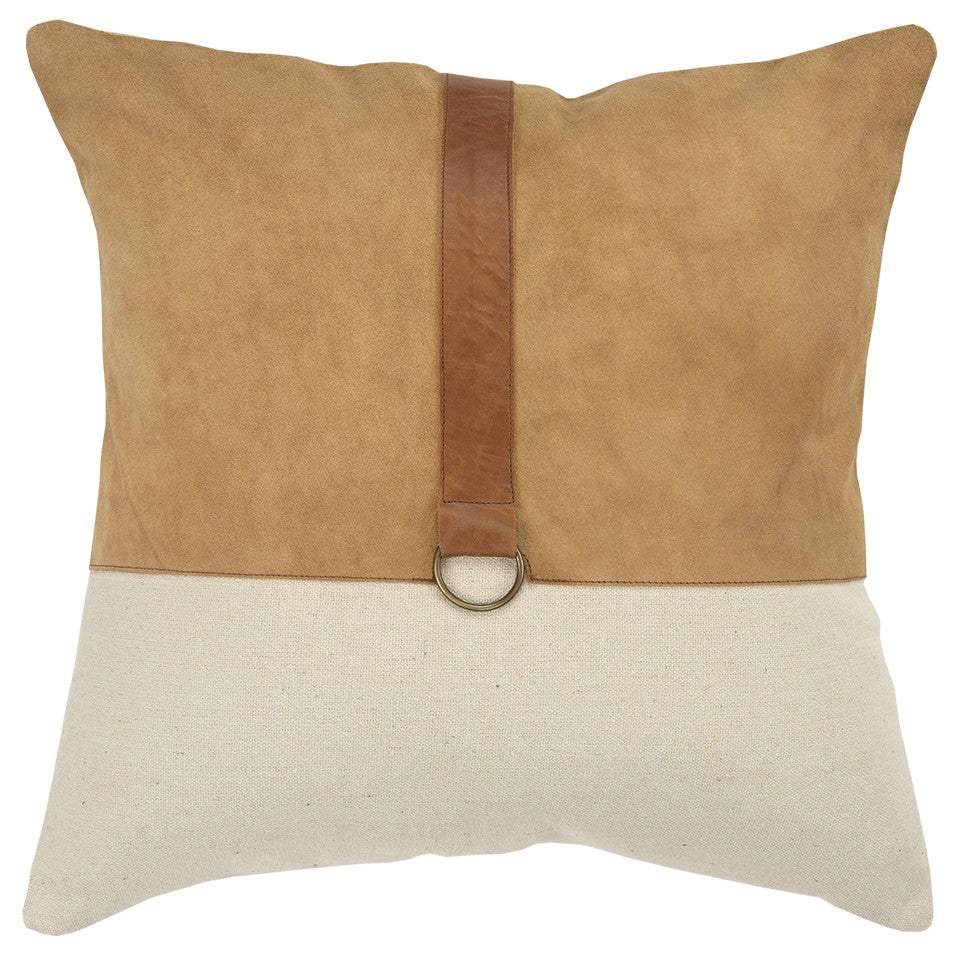 20" Natural and Brown Cotton and Leather Throw Pillow - Homeroots - Flyclothing LLC