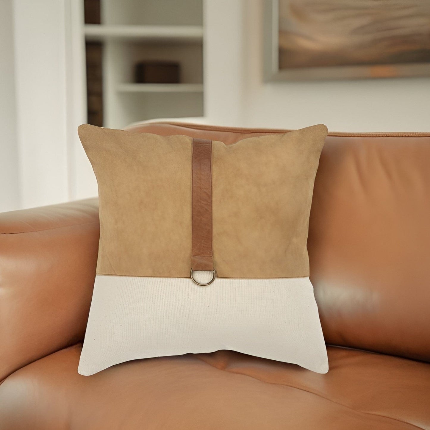 20" Natural and Brown Cotton and Leather Throw Pillow - Homeroots - Flyclothing LLC