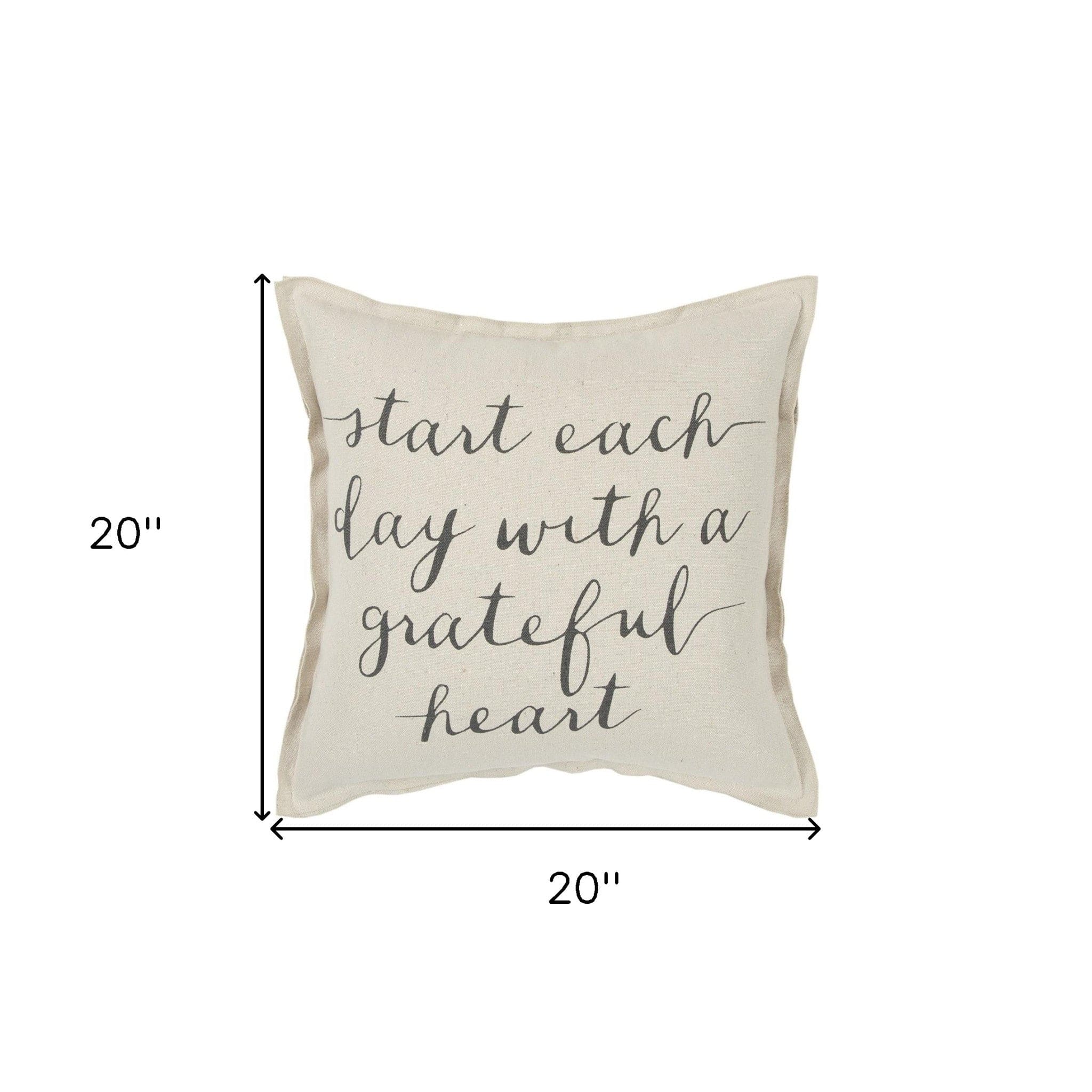 20" Natural and Gray Grateful Heart Cotton Throw Pillow - Homeroots