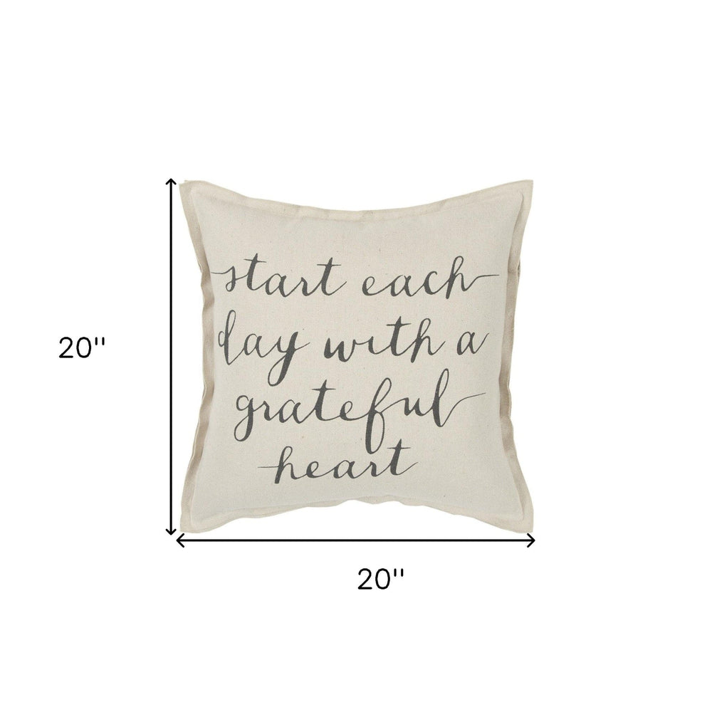 20" Natural and Gray Grateful Heart Cotton Throw Pillow - Homeroots - Flyclothing LLC