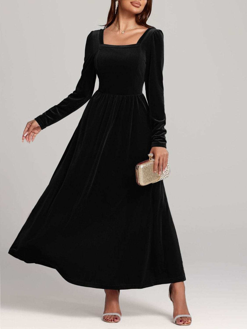 Velvet Square Neck Long Sleeve Dress - Trendsi - Flyclothing LLC