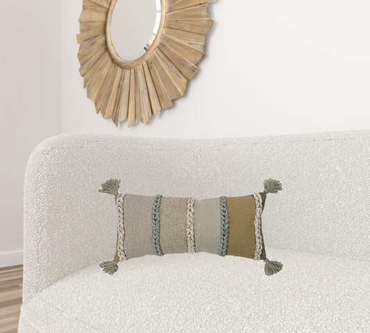 Beige Brown Braided Stripe Lumbar Pillow - Homeroots