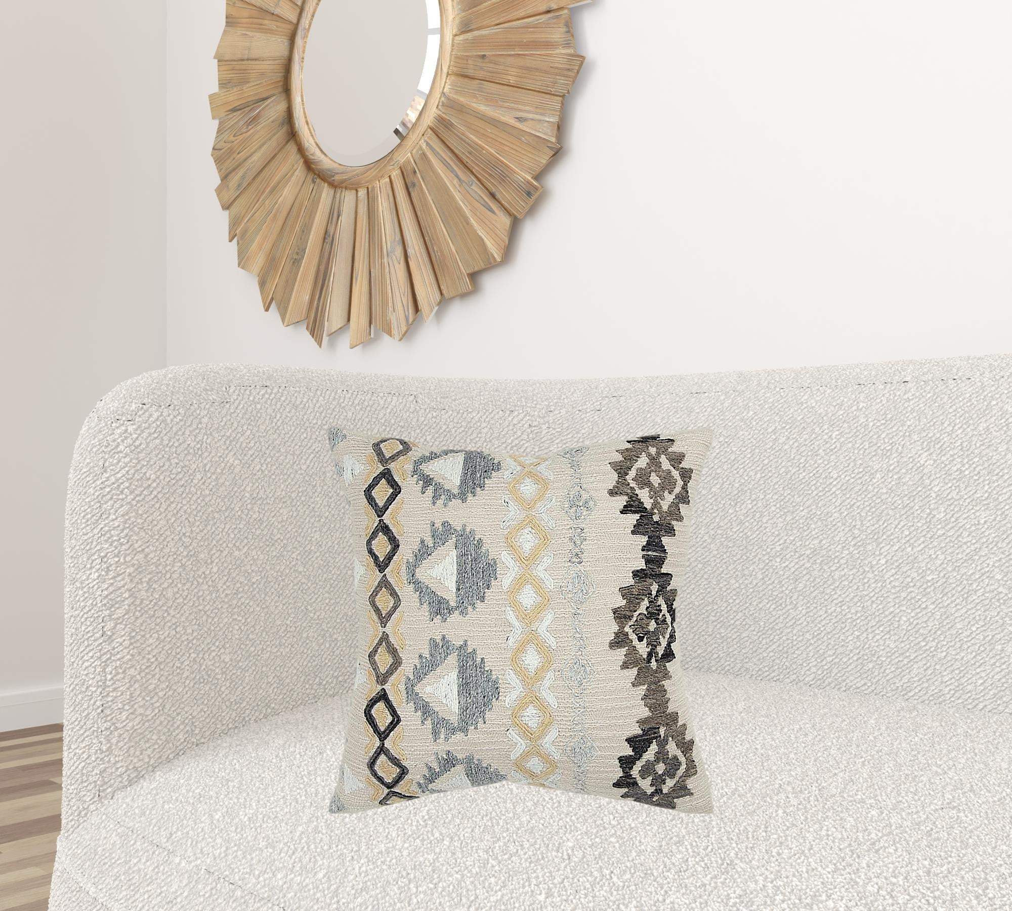 Brown Beige Tribal Embroidered Throw Pillow - Homeroots - Flyclothing LLC