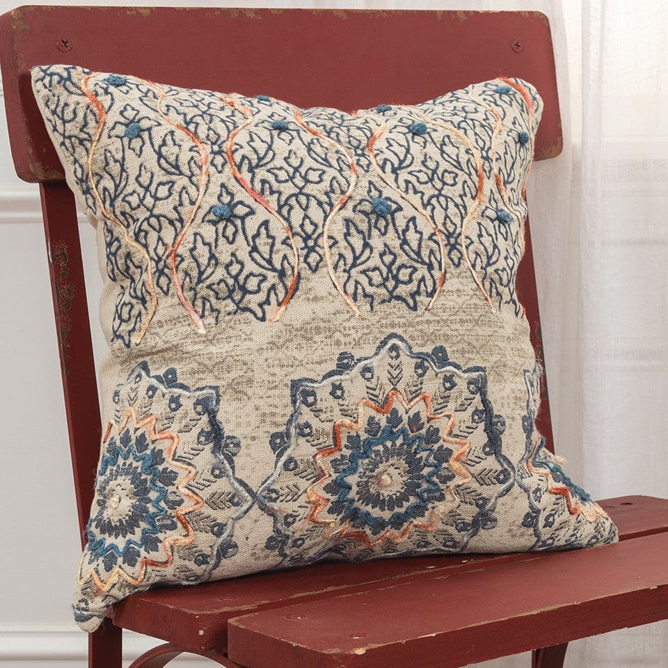 Beige Blue Distressed Floral Pattern Throw Pillow - Homeroots
