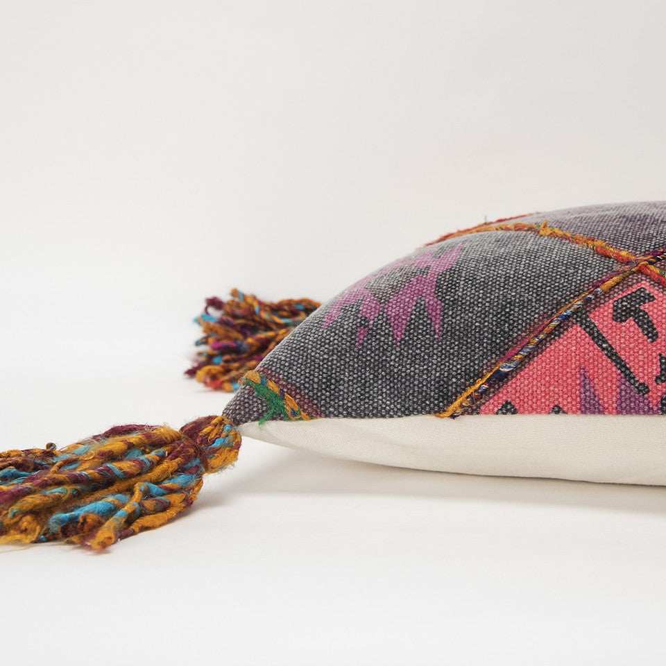 Peach Gray Tribal Corner Tasseled Lumbar Pillow - Homeroots - Flyclothing LLC
