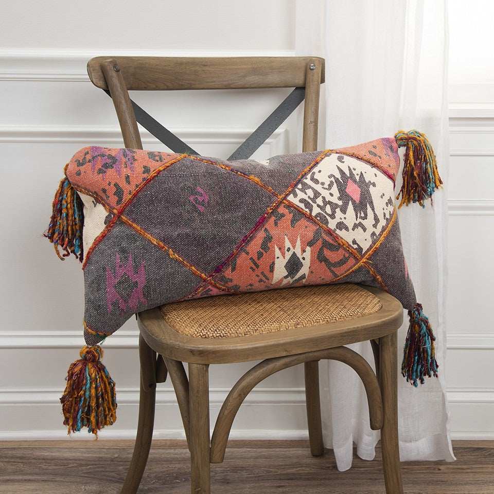 Peach Gray Tribal Corner Tasseled Lumbar Pillow - Homeroots - Flyclothing LLC