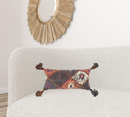 Peach Gray Tribal Corner Tasseled Lumbar Pillow - Homeroots